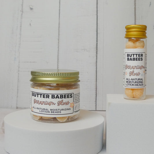 Geranium Glow Shea Butter handmade, all-natural moisturizing lotion beads