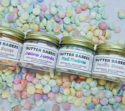 Butter Babees are handmade, all natural , lotion beads, made with shea butter, mango butter and cocoa butter. They are moisturizing and great for dry skin. They come in a variety of  fragrances